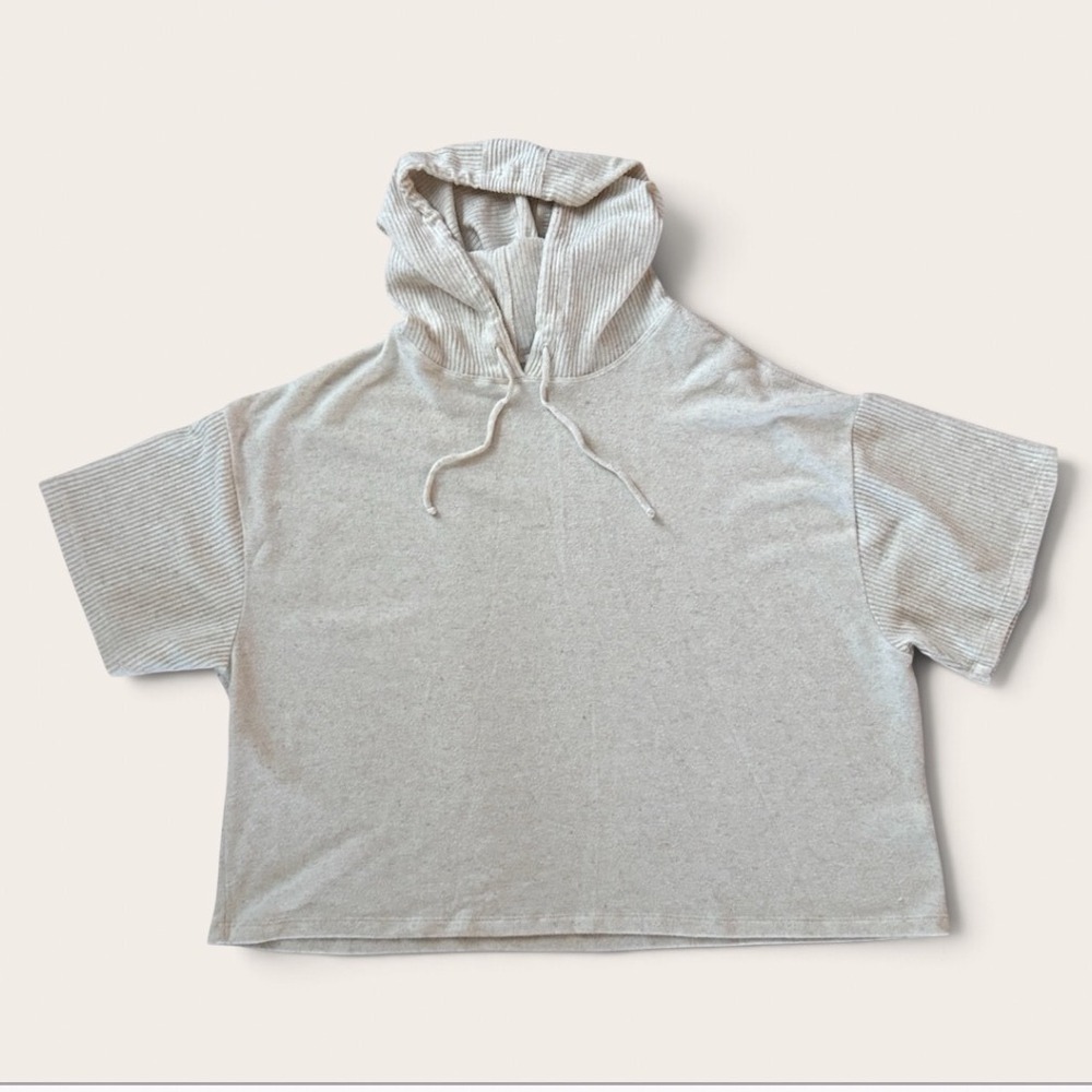 Calme by Johnny Was Modern Hooded Cozy Luxe Tee Ribbed Sweater Ecru M Minimalist